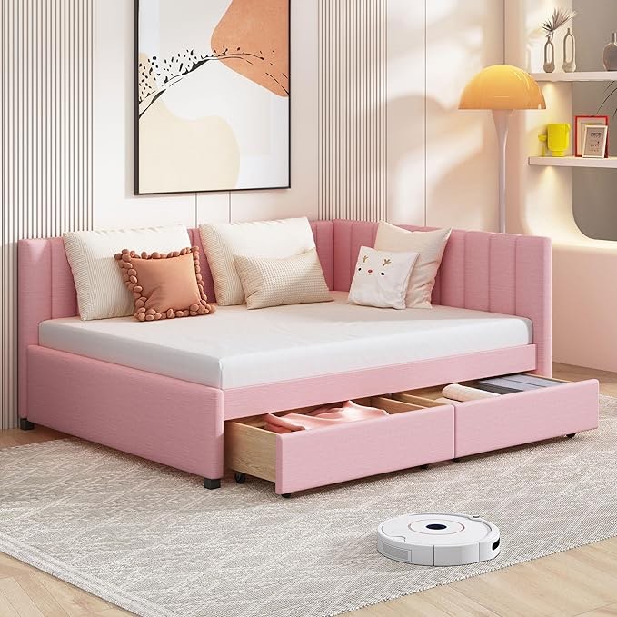 KLMM Modern Full Size Linen Upholstered Daybed with 2 Storage Drawers,Sofa Bed with Backrest and Armrests,for Bedroom Living Room Use (Pink,Full) (incomplete box1/2)