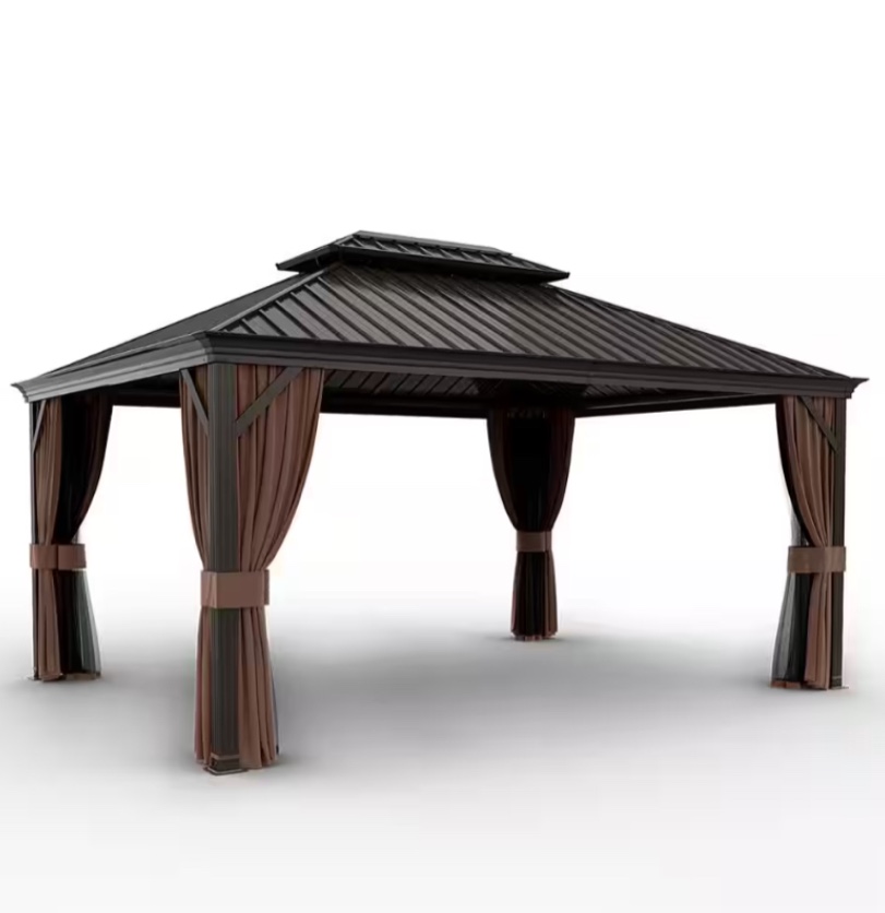 ( Box 1 Of 4 ) 12 ft. x 16 ft. Double Roof Hardtop Aluminum Patio Gazebo with Netting and Brown Curtains