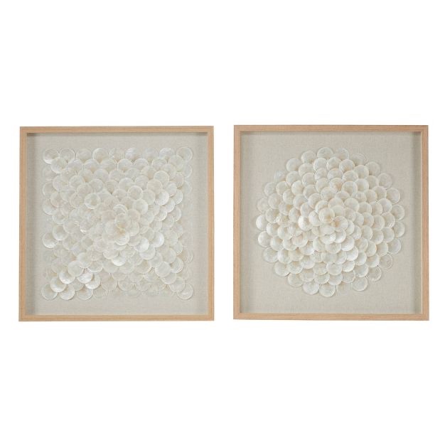 2 Piece Cream Shell Handmade Overlapping Shells Geometric Shadow Box with Canvas Backing Set