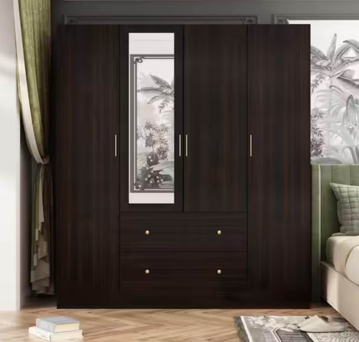 Brown Wood Grain 63 in. W 4-Door Big Armoires With Mirror, 2 Hanging Rods, 2 Drawers, Storage Shelves (70.9 in. H) (Incomplete//Box 2 Of 2 Only ) 