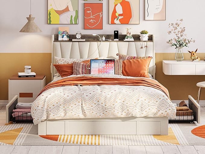 ANCTOR Queen Size Bed Frame with Storage Headboard and Charging Station, Upholstered Platform Bed with 3 Drawers, No Box Spring Needed, Easy Assembly, Beige