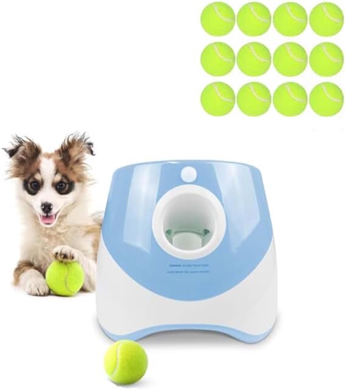 Ball Thrower for Dogs, Dog Ball Launcher with 12 Tennis Balls, Interactive Dog Toys Pet Ball Indoor Outdoor Automatic Ball Launcher (Blue Automatic Tennis Ball)