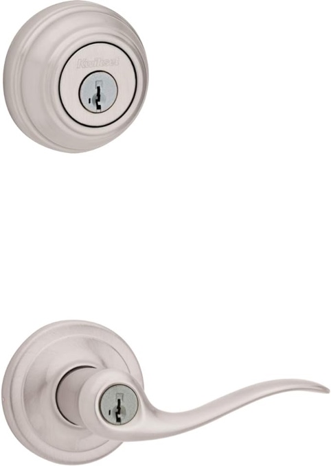 Kwikset 991 Tustin Entry Lever and Single Cylinder Deadbolt Combo Pack featuring SmartKey in Satin Nickel, Model Number: 99910-040