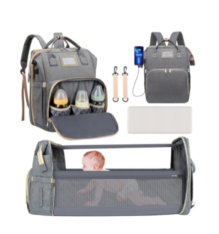 Diaper Bag Backpack, Multifunctional Baby Changing Bag with Foldable Crib & Insulated Milk Bottle Pocket, Large Capacity Travel Backpack with USB Charging Port & Stroller Strap (Grey)