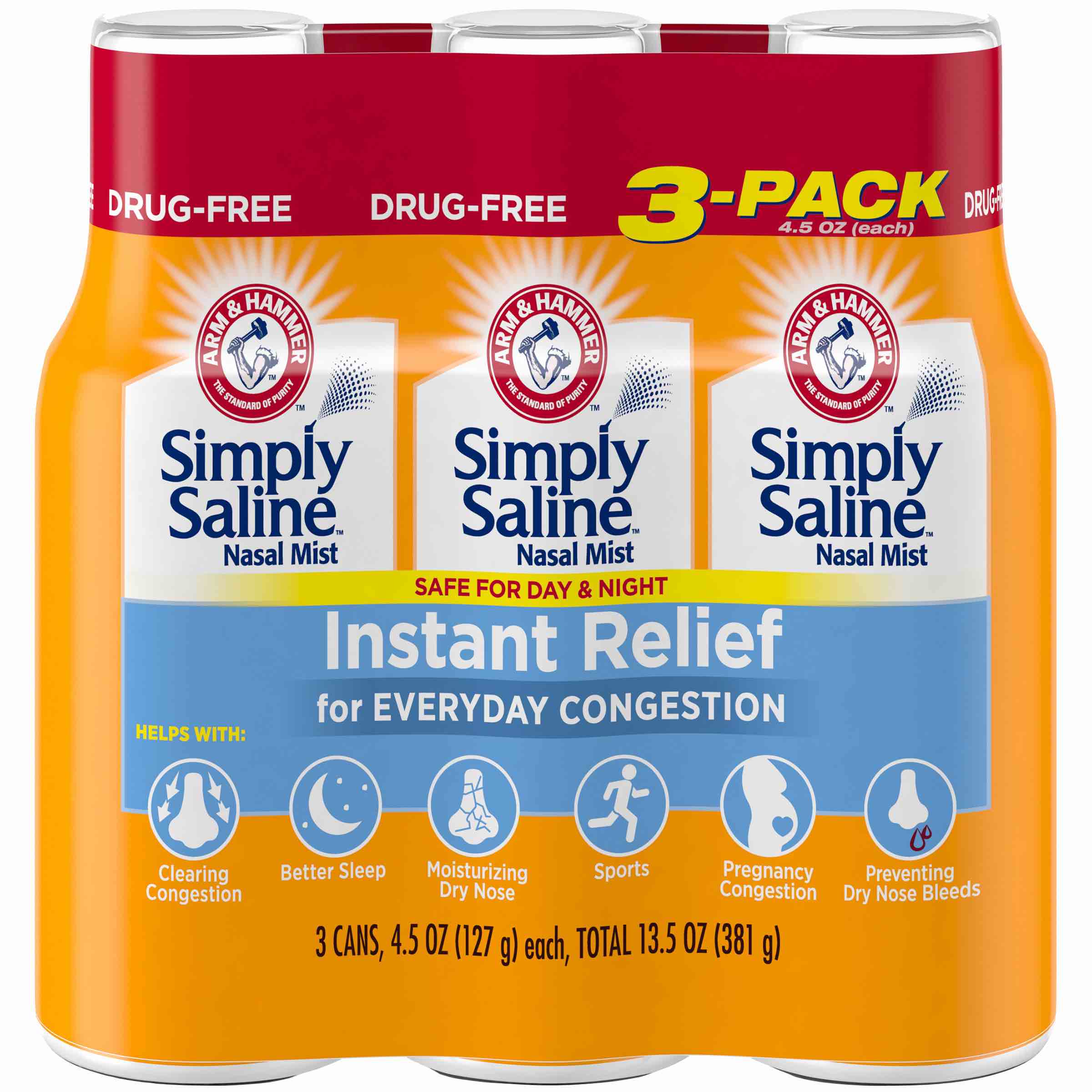 Arm & Hammer Simply Saline Nasal Mist Instant Relief for Everyday Congestion 3 Pack Tray 4.5 Oz