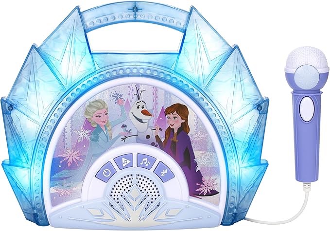eKids Frozen Sing Along Boom Box Speaker with Microphone for Fans of Frozen Toys for Girls, Kids Karaoke Machine with Built in Music and Flashing Lights , Blue, 3.5mm Audio Jack