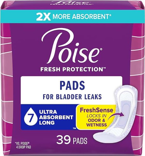 Poise Incontinence Pads & Postpartum Incontinence Pads, 7 Drop Ultra Absorbency, Long Length, 39 Count, Packaging May Vary