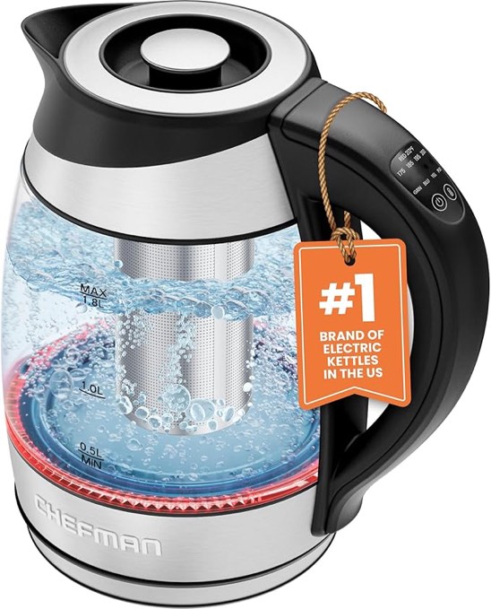 Chefman Rapid-Boil 1.8L Electric Tea Kettle w/ LED Indicator Light and Tea Infuser - Stainless Steel  New