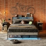 Bestier Queen Size Bed Frame Led Platform Bed with Storage Headboard Charging Station,Grey