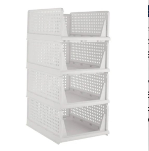 TINANA Stackable Plastic Storage Basket 4 Pack, Drawer Shelf Storage Container, Foldable Closet Organizers and Storage Bins for Wardrobe Cupboard Kitchen Bathroom Office-White