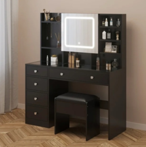 Ktaxon Color Lights Drawers Charging Station Vanity Desk Table Set Black