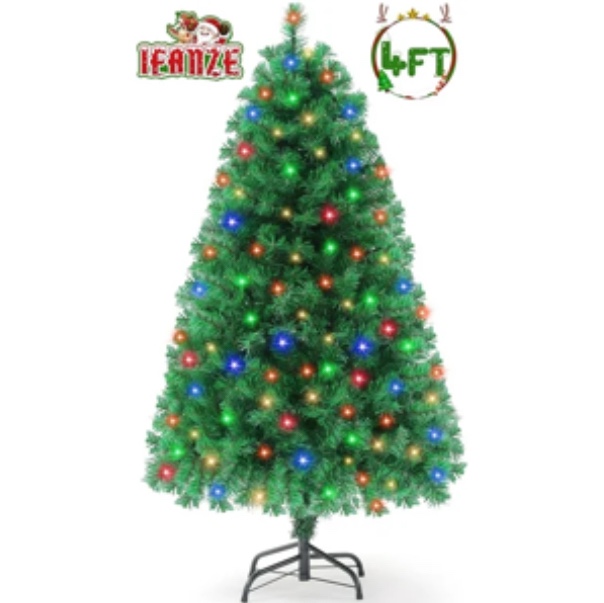 Qunler Pre-Lit Christmas Tree, 4ft Artificial Green Xmas Tree with Multi-colored 150 LED Lights & Metal Stand, 360 Lifelike Branch Tips