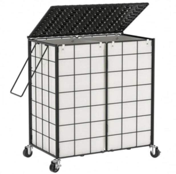 GUNAITO 20L Laundry Basket with Lid and Wheels, Iron Wire Laundry Hamper with Rattan Lid and Removable Liner Bag, Rolling Hamper with Handle (Black & Beige)