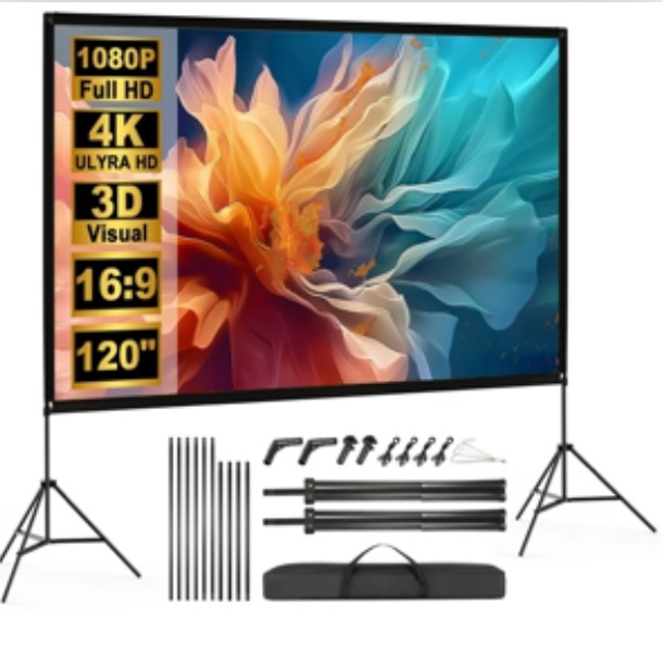 120" Projector Screen with Stand, Foldable Portable Movie Screen with Carry Bag, 16:9 HD 4K Wrinkle-Free, Projector Movies Screen for Home Theater,
