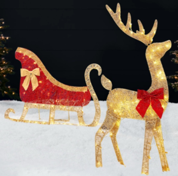Best Choice Products 4ft Lighted 2D Christmas Reindeer & Sleigh Set Outdoor Decor w/ 140 Warm White LED Lights - Gold