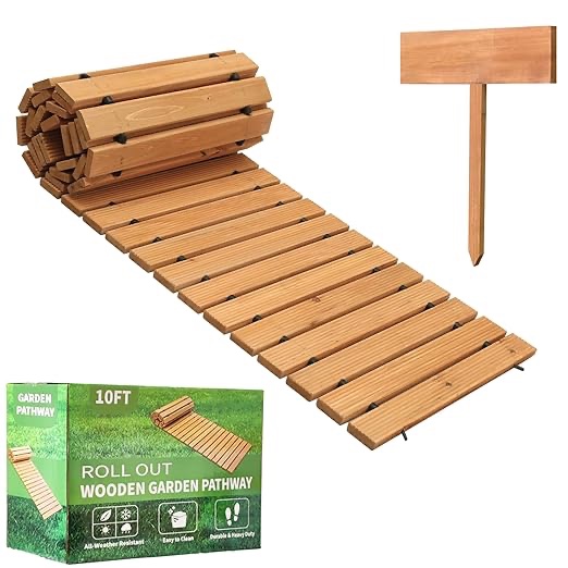 LINSHRY 10FT Wooden Garden Pathway, Outdoor Roll Out Decorative Garden Walkway, Weather-Resistant Non-Slip Hardwood Walkway Pavers for Garden, Backyard, Beach, Wedding Party Pathways