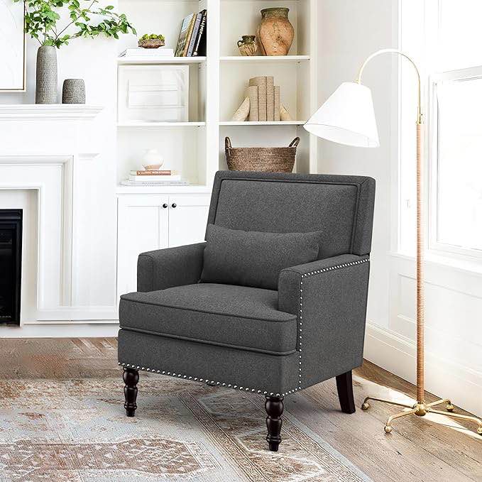 (INCOMPLETE SET) Linen Accent Chair with Arms, Comfy Upholstered Living Room Chairs, Mid Century Arm Chairs with Rivet Design, Living Room Armchair for Bedroom, Small Spaces, Living Room, Blue-White