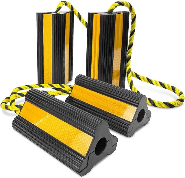 Heavy Duty Rubber Dual Wheel Chocks, RV Non Slip Wheel Stoppers with Nylon Rope Yellow, Wheel Block for Travel Trailers, Aircraft, Car, Camper, Truck 2 Pair