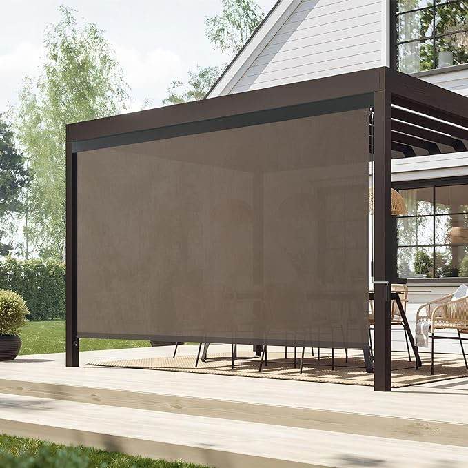 Outdoor Roller Shade Solar Fabric Cordless Roll Up Shade, Exterior Roller Shade, 8x8 for Patio Yard Deck Porch, Mocha