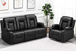 COMHOMA Furniture Bonded Leather Recliner Set Living Room Set, Black, (6 boxes)