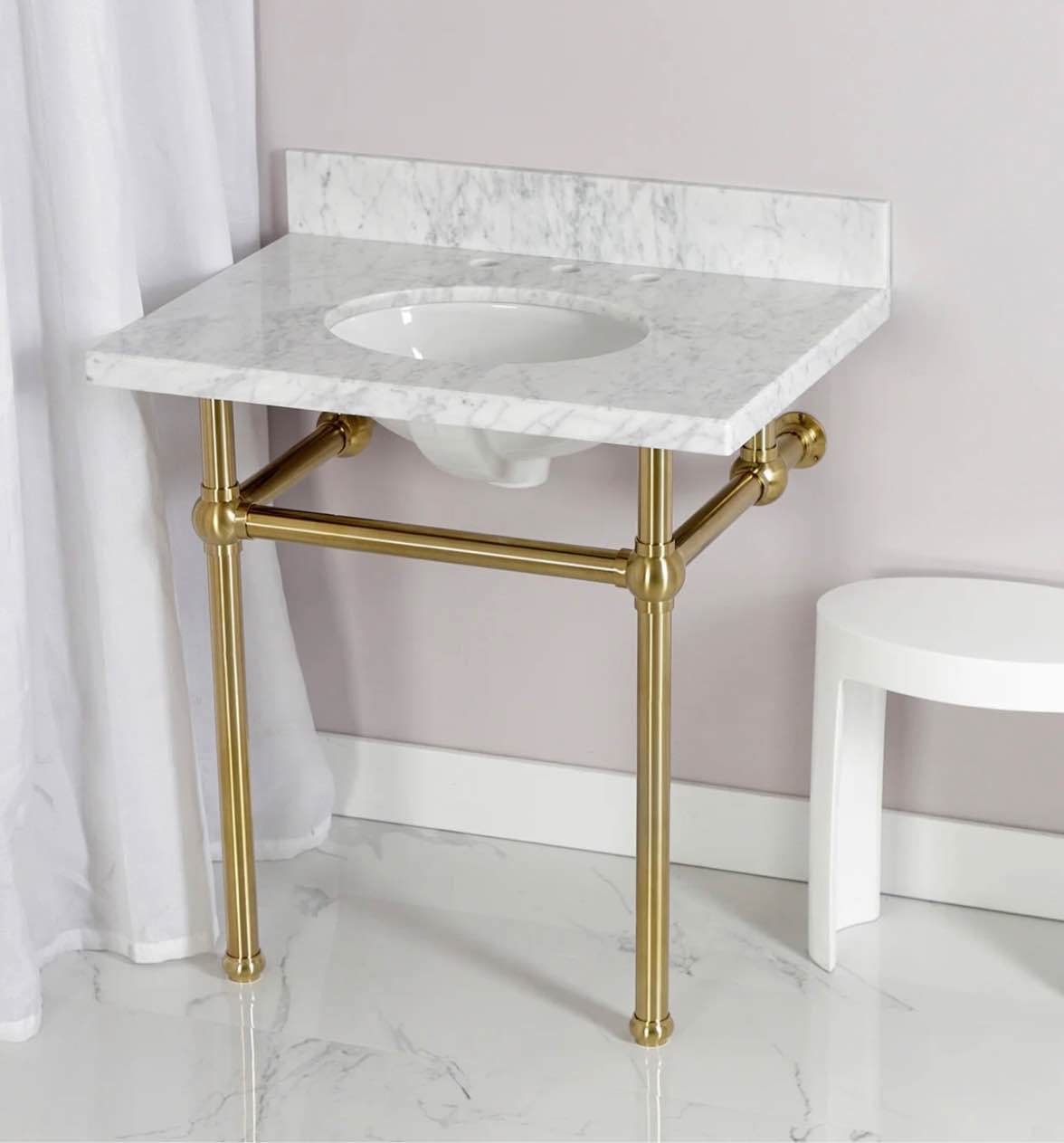 Fauceture KVPB3030MB7 30-Inch Marble Console Sink with Brass Feet, Carrara Marble/Brushed Brass, (2 boxes)