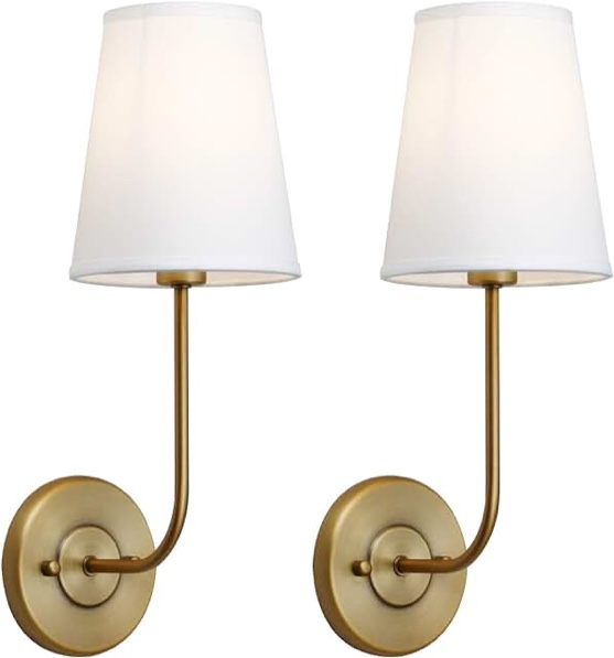 Pathson Set of 2 Industrial Wall Sconces White Fabric Shade, Vintage Bathroom Wall Light Fixtures Decor for Bedroom Living Room, Brass Finish Sconces (Antique)