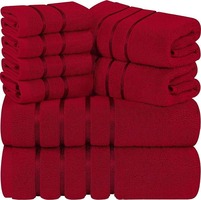 Utopia Towels 8-Piece Luxury Towel Set, 2 Bath Towels, 2 Hand Towels, and 4 Wash Cloths, 600 GSM 100% Ring Spun Cotton Highly Absorbent Viscose Stripe Towels Ideal for Everyday use (Red)