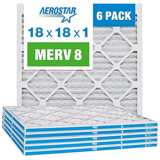 Aerostar 18x18x1 MERV 6 Pleated Air Filter, AC Furnace Air Filter, 6 Pack (Actual Size: 17 3/4"x17 3/4"x3/4")