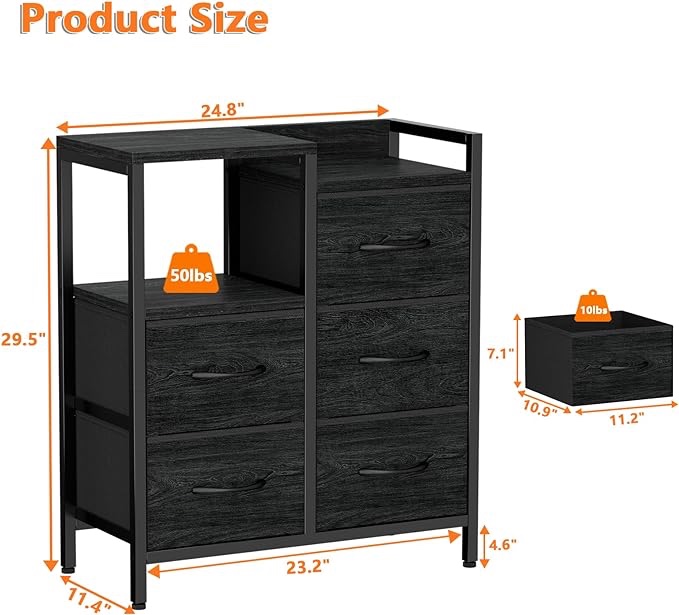 Furnulem Dresser for Bedroom with 5 Fabric Drawers,Small Chest Tower Organizer Unit with 2-Tier Storage Shelf for Bedside,Closet,Entryway,Living Room,Nursery - Sturdy Frame & Wooden Top(Black Oak)