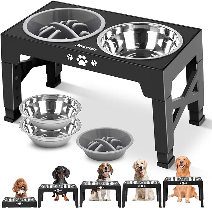 Jovrun Elevated Dog Bowls, Dog Feeder with 2 Stainless Steel Bowls &1 Slow Feeder Dog Bowls, 5 Heights Adjustable Raised Dog Bowls Stand for Small Medium Large Dogs, Dog Food Bowls with Non-Slip Feet