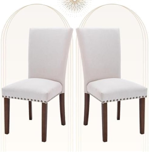 Parsons Dining Chairs Set of 2, Upholstered Fabric Dining Room Kitchen Side Chair with Nailhead Trim and Wood Legs - Beige