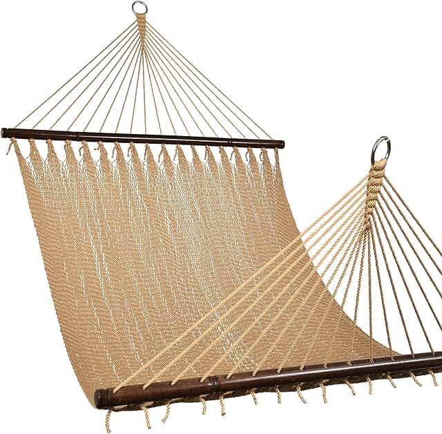 Lazy Daze Double 2 Person Caribbean Rope Hammock, Hand Woven Polyester Hammock with Spreader Bars, Extra Large Outside Outdoor Backyard Patio Poolside Hammock, 450 LBS Capacity, Tan