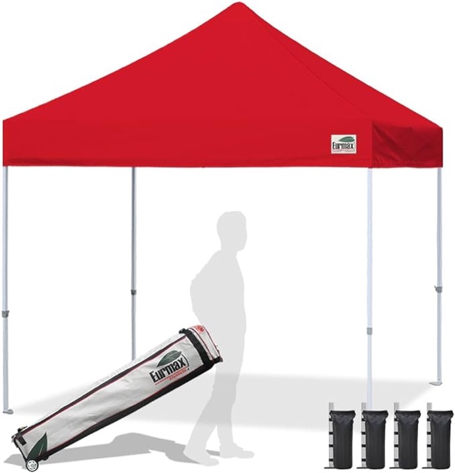 Eurmax USA Standard 10x10ft Patio Pop Up Canopy Tent for Outdoor Events Commercial Instant Canopies with Heavy Duty Roller Bag,Bonus 4 Canopy Sand Bags, Red
