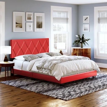 Accent Furniture Charlat Upholstered Faux Leather Platform Bed, Full, Red