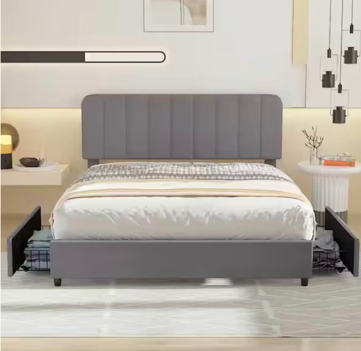 VECELO Upholstered Bed Gray Metal Frame Full Size Platform Bed with 4-Storage Drawers and Headboard, Wooden Slats Support