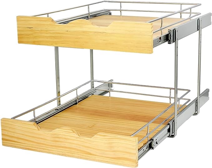 DINDON 2 Tier Pull Out Cabinet Organizer (20" W x 21" D) Wood And Metal Double Tier Slide Out Wood Drawer Under Cabinet Storage Organization