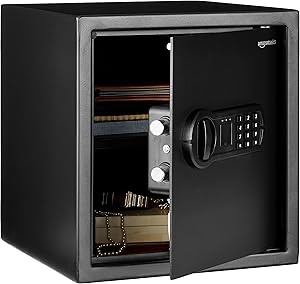 Amazon Basics Steel Home Security Safe with Programmable Electronic Keypad Lock, Secure Documents, Jewelry, Valuables, 1.52 Cubic Feet, Black, 13.8"W x 13"D x 16.5"H