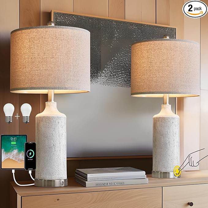 OYEARS 24” Table Lamps Set of 2, Bedside Lamps for Bedroom Night Stands, 3-Way Dimmable Table Lamps for Living Room With USB A+C, Farmhouse Touch Lamp for Home Decor, End Table, Modern (Bulb Included)
