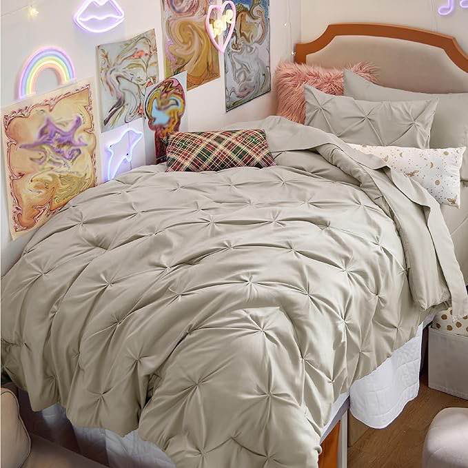 Bedsure Twin Size Comforter Sets - 5 Pieces Pintuck Bed Set Twin Size, Beige Twin Size Bed in a Bag with Comforter, Sheets, Pillowcase & Sham