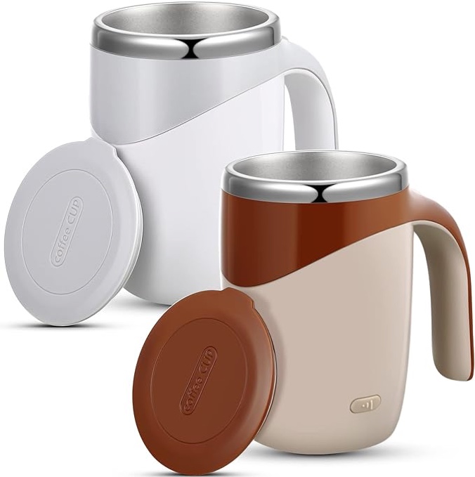 Self Stirring Coffee Mug 2 Pieces Rotating Home Office Travel Stirring Mug Automatic Mug Stirring Coffee Mug Self Stirring Stainless Steel Mug Christmas Gift Birthday Gift (White, Coffee)
