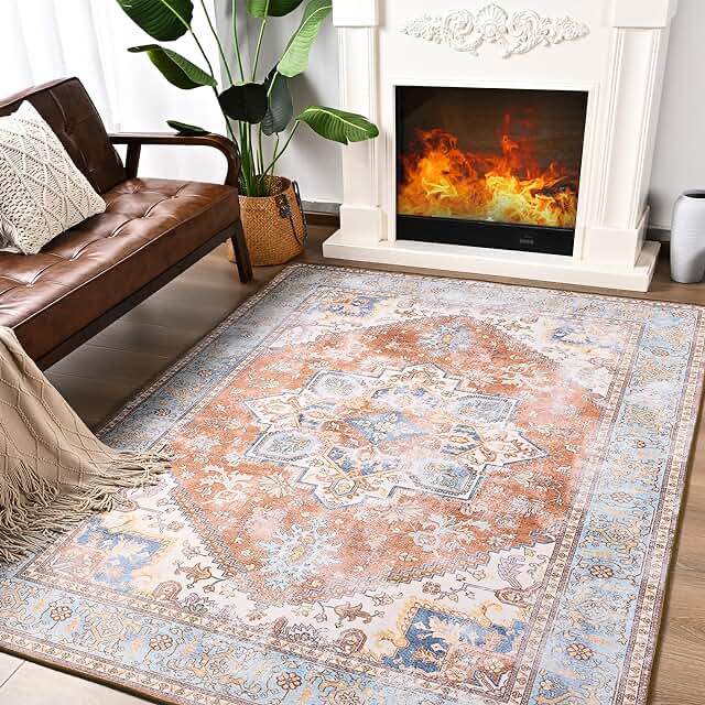 ST. BRIDGE Large Area Rug 5x7, Washable Vintage Rug for Bedroom Living Room, Non-Slip Low Pile Colorful Accent Rug, Indoor Floor Carpet for Dining Room Office Playroom Nursery Home Decor, Brick/Blue