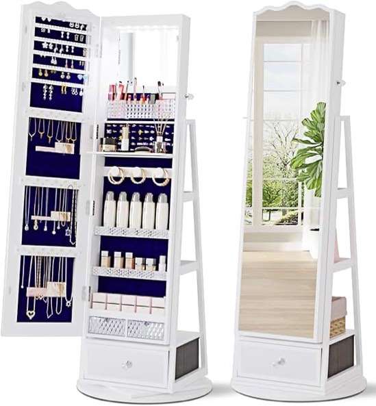 OUTDOOR DOIT 360° Rotating LED Jewelry Armoire with Lockable,3 Color Dimmable Full Length Mirror with Makeup Tray,Jewelry Organizer Cabinet with Back Storage Shelves White