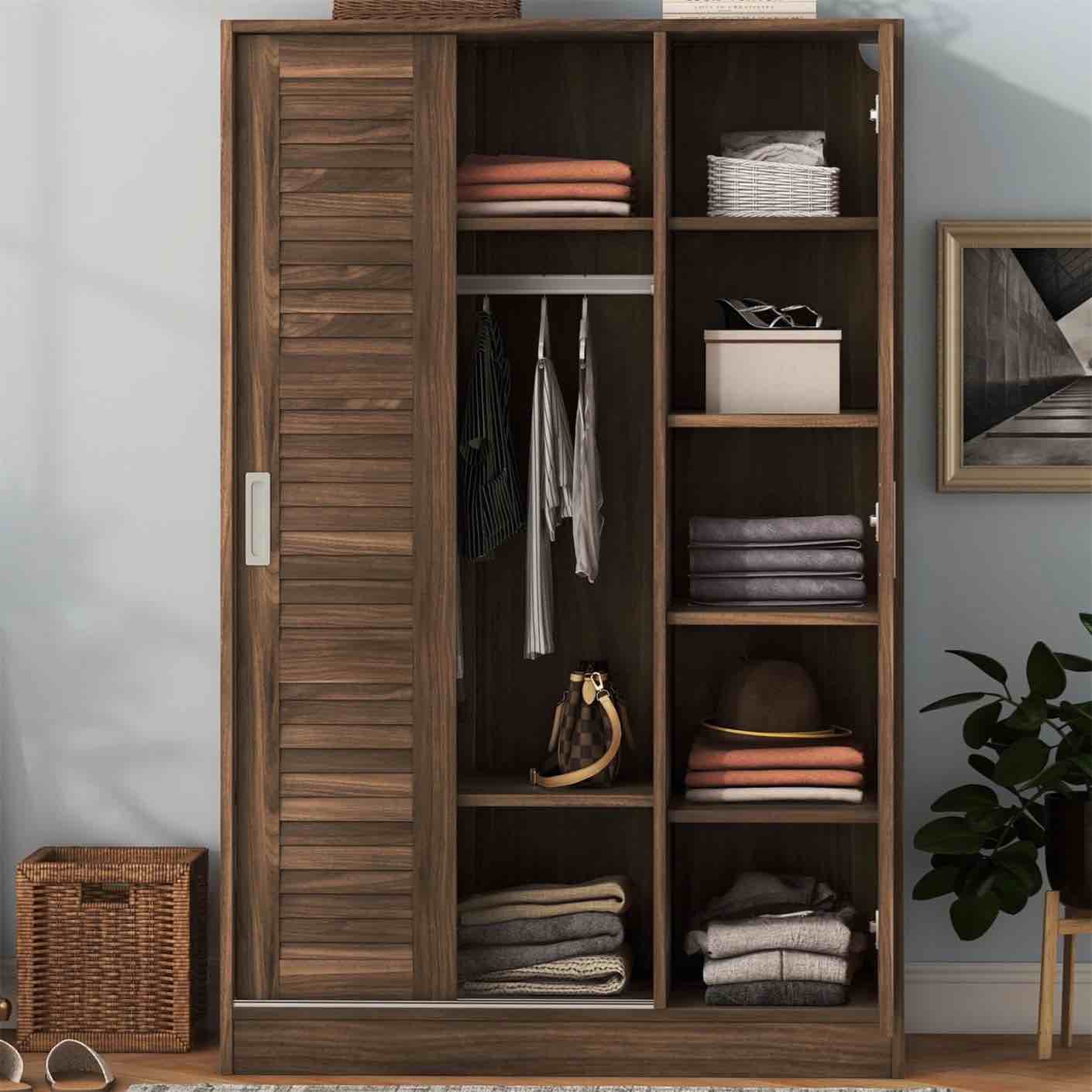 Triple Tree Wardrobe, 3-Door Wardrobe Closet, Armoire Wardrobe Closet, Shutter Wardrobe with Shelves, Closets for Hanging Clothes for Bed Room Living Room Dressing Room, Wood Clothes Storage Cabinet, Walnut