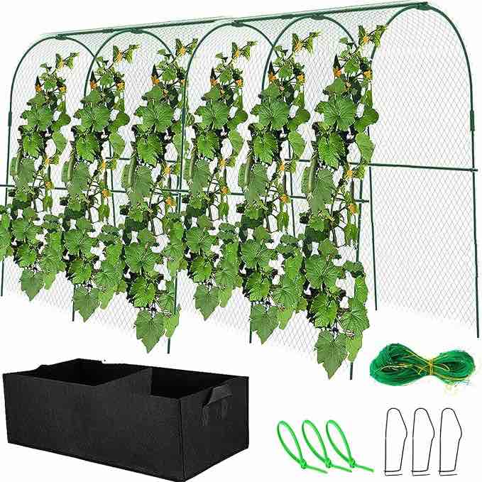 Complete 48IN Long Stake Outdoor Garden Trellis Cucumber Trellis, Arch Frame Trellis for Raised Bed Climbing Plants Cucumbers, Tomatoes, Squash, Peas, and Flowers