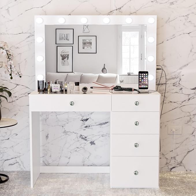 Boahaus Alana White Makeup Vanity Desk with Mirror and Lights, Basic Knobs, 5 Drawers for Ample Storage, Glass Top, Elegant White Dressing Table with Mirror for Bedroom, (2 boxes)