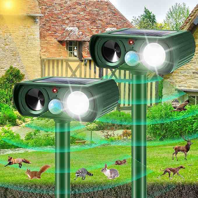 Motion Sensor Repeller Outdoor Ultrasonic for Deer Raccoon Cat Dog Rabbit Squirrel Bird Pest Repellant Trap (2-Pack)