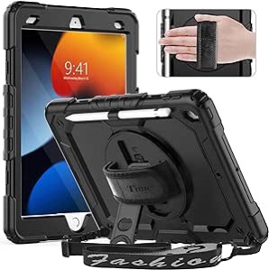 Timecity Case for iPad 9th/ 8th/ 7th Generation, Case for iPad 10.2-Inch 2021/2020/ 2019 with Screen Protector Pencil Holder Kickstand Hand/Shoulder Strap. Heavy Duty Protective Tablet Cover - Black