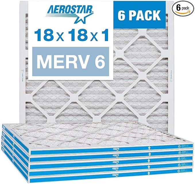 Aerostar 18x18x1 MERV 6 Pleated Air Filter, AC Furnace Air Filter, 6 Pack (Actual Size: 17 3/4"x17 3/4"x3/4")
