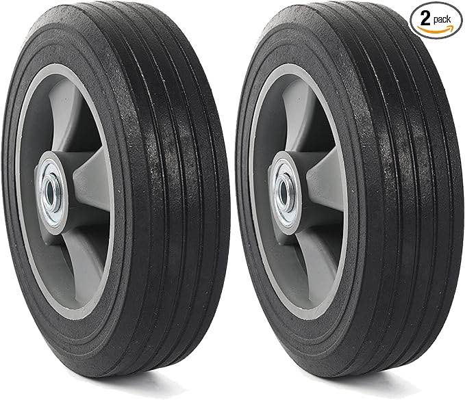 GICOOL 8" x 2" Flat-Free Solid Rubber Tire and Wheel with Ball Bearings and 5/8" Axle Bore Hole, 2" Offset Hub, For Hand Truck Dolly Trolley Garden Wagon Cart Generator Replacement Tire, 2 Pack