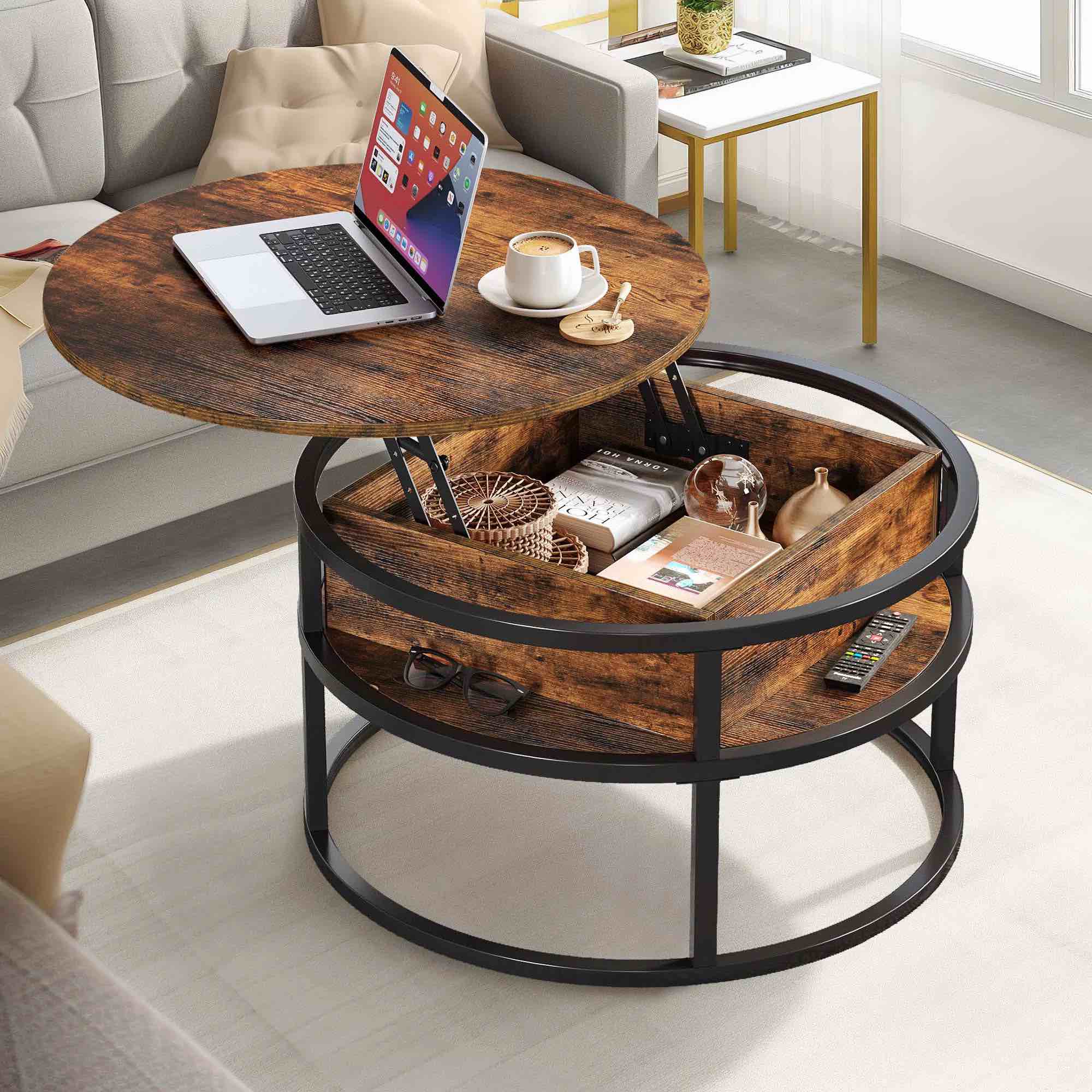 Rothwell Lift Top Extendable Round Frame Coffee Table with Storage